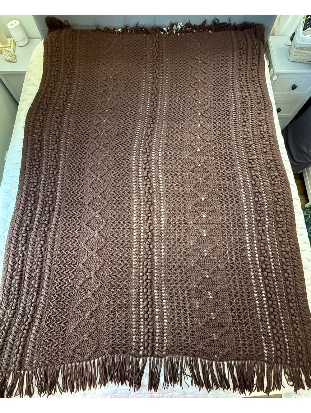 Handmade Brown Textured Crochet Throw Blanket 54x80 Boho Cottagecore (tb1/cp15)